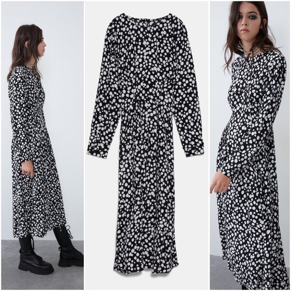 ZARA BLACK & WHITE POLKADOT SPOTTED PRINTED ELASTIC WAIST MIDI DRESS $69.90 - Picture 3 of 13